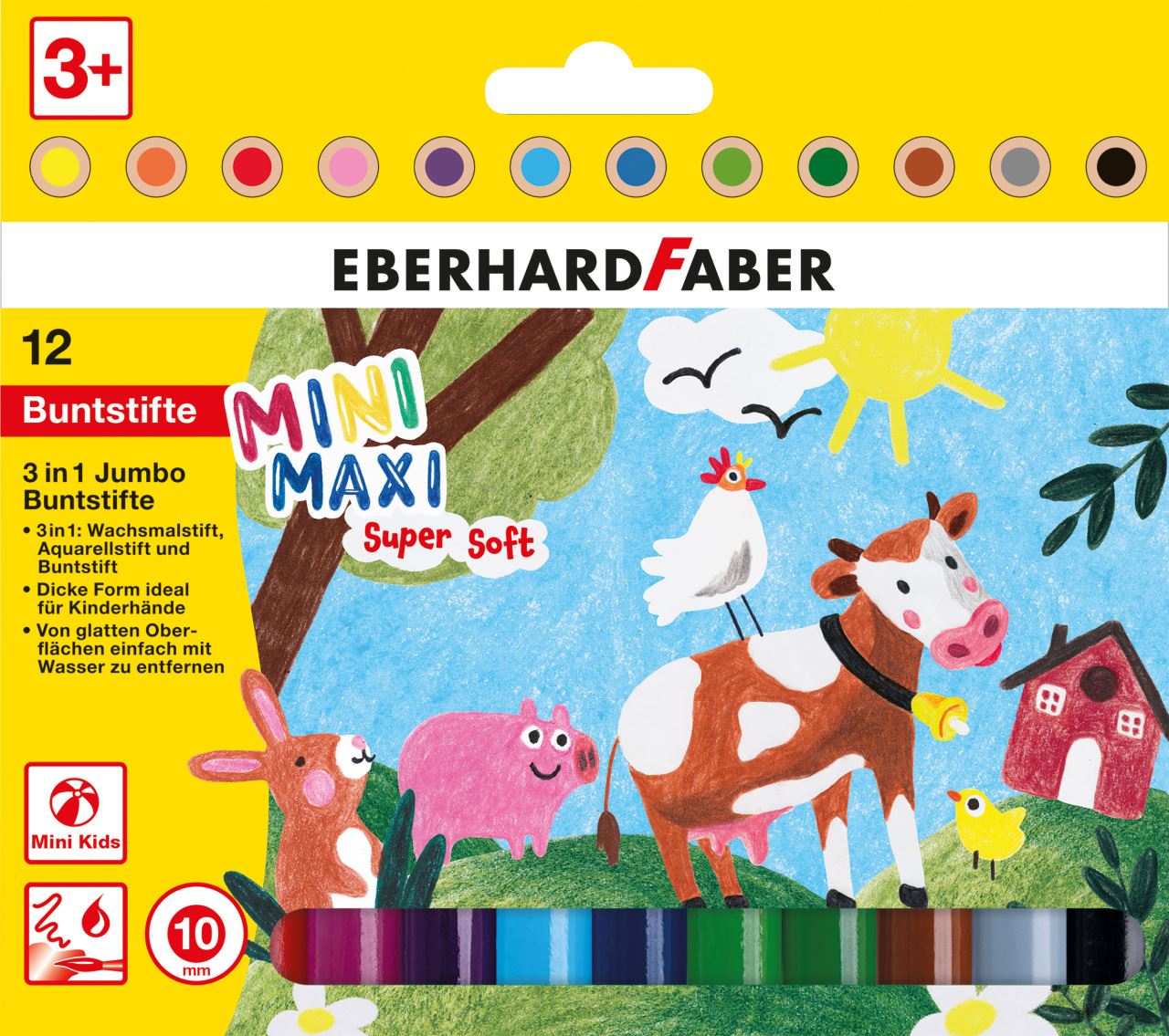 Eberhard-Faber - Mini Maxi 3in1 Jumbo Buntstifte, Kartonetui mit 12 Farben